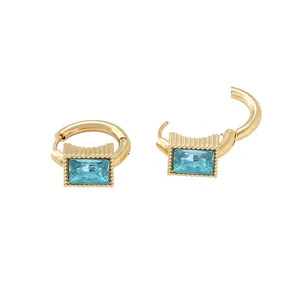 Elegant gold-plated hoop earrings with rectangular blue crystal in stainless steel