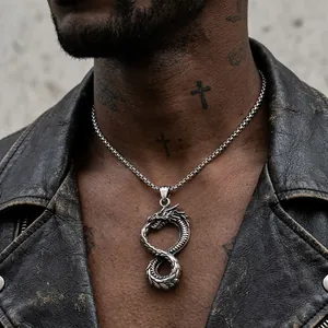 Men's Viking dragon infinity pendant in stainless steel on a heavy punk chain necklace