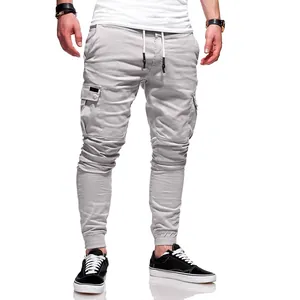 Men's Cargo Joggers Solid Color Drawstring Elastic Waist Multi-Pocket Sweatpants Slim Fit Casual Ribbed Cuffs Sports Trousers