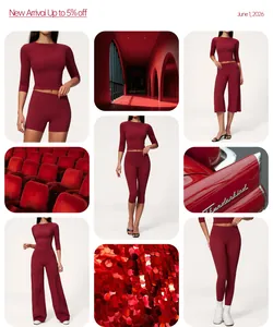 Burgundy brushed yoga set including crop top and wide-leg sports trousers for women