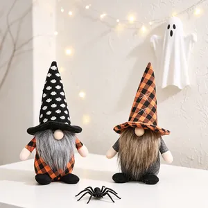 Pair of Halloween faceless gnome plush dolls with plaid hats for home table decoration