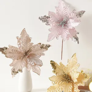 Artificial Christmas Poinsettia Flowers Glitter Sequin Fabric Floral Ornaments For Holiday Party Christmas Tree Decor