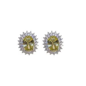 Vintage silver needle zircon oval stud earrings with yellow sparkling crystal stones