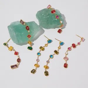 Luxury stainless steel drop earrings with multi-colored zircons and tassel design