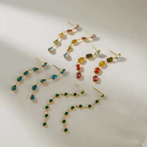 Elegant gold-plated stainless steel tassel earrings with colorful zircon stones
