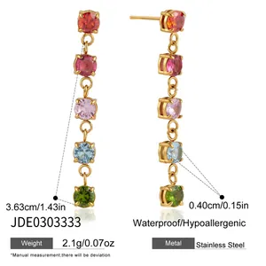 Detailed view of stainless steel colorful zirconia tassel earrings with measurement specifications