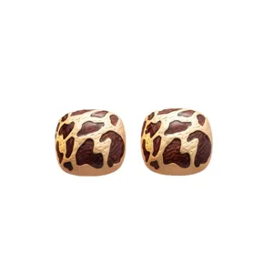 Vintage leopard print square stud earrings with silver needles and gold-tone drip oil finish