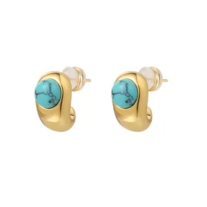 Vintage 18k gold plated stud earrings with round turquoise stones and minimalist bean shape