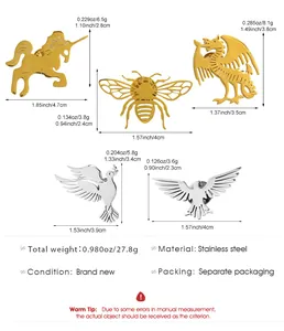 Detailed dimensions and weight specifications for various stainless steel animal brooches