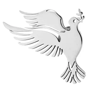 Close-up of a polished stainless steel peace dove brooch with olive branch detail