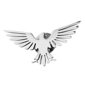 Detailed view of an elegant stainless steel eagle brooch with a polished silver finish for suits