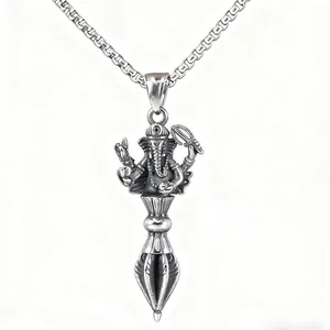 Ganesha Vajra Phurba Pendant Necklace Religious Tibetan Buddhism Amulet Jewelry Stainless Steel Vintage Silver For Men Women