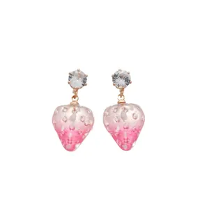 Charming pink resin strawberry drop earrings featuring sparkling zircon studs for women