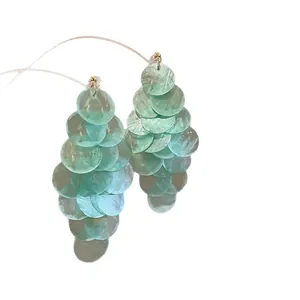 Elegant mint green multi-layered shell disc tassel earrings for seaside vacation style