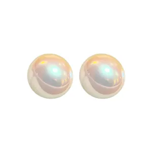 Elegant mermaid pearl stud earrings with iridescent luster and gold plating detail.