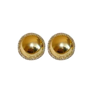 Elegant golden dome stud earrings with a sparkling micro-pave diamond border for women