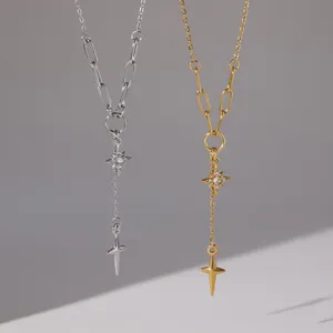 Collier en acier inoxydable avec pendentifs étoile du nord et croix en or et en argent