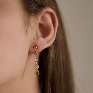 Elegant stainless steel drop earrings with multi-colored cubic zirconia stones