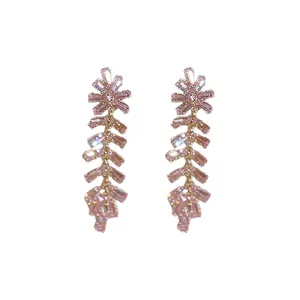 Exquisite silver needle long tassel earrings with shimmering pink zircon crystals for women