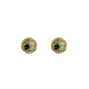 Elegant round gold-tone stud earrings featuring green crystals and white faux pearls