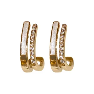 Elegant double-layered C-shaped stud earrings with zircons and white enamel inlay