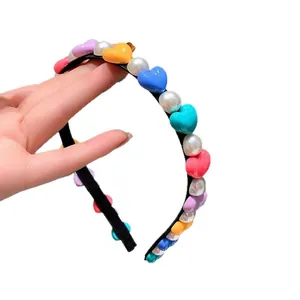 Sweet colorful heart-shaped beads and pearl headband for girls hair accessories