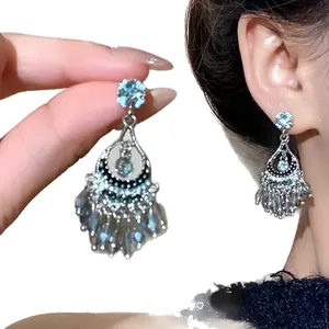 Silver needle zircon teardrop tassel earrings for women with an elegant design
