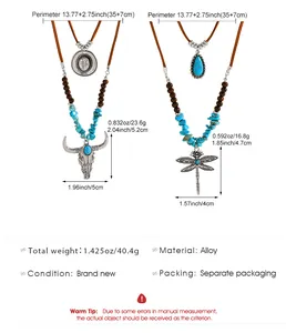 Boho-Türkis-Halsketten-Set mit Stierkopf- und Libellen-Anhänger-Details