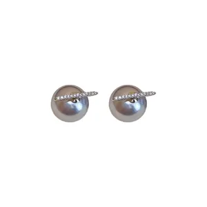 Elegant silver needle pearl stud earrings featuring a zircon horizontal bar detail