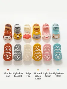 Set of six pairs of cute cartoon animal anti-slip baby floor socks with secure straps
