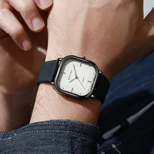 Simple square men's quartz watch with black leather strap and white dial