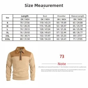 Detailed size chart table for men's fashion half-zip color-block fleece sweatshirt