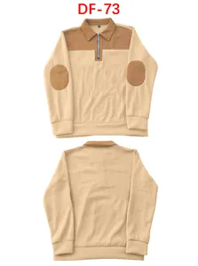 Men's stylish quarter-zip ribbed sweatshirt with brown colorblock elbow patches, front back view