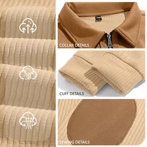Close-up details of men's half-zip fleece sweatshirt showing collar, cuffs and fabric texture