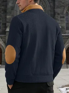 Detailed back view of men's ribbed half-zip sweatshirt with brown elbow patches