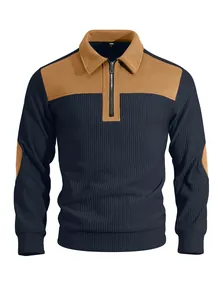Men's stylish navy and tan quarter-zip ribbed fleece sweatshirt with contrast panels