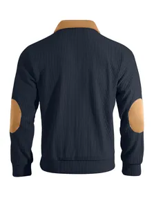 Detailed back view of men's navy ribbed sweatshirt with brown elbow patches and stand-up collar