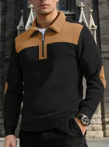 Detailed close-up view of a men's half-zip ribbed sweatshirt with tan accents