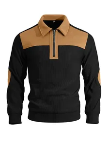 Detailed macro view of men's black ribbed sweatshirt with camel color block design