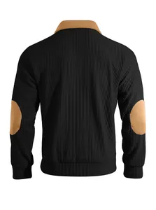 Back view of men's black ribbed sweatshirt with tan elbow patches and collar