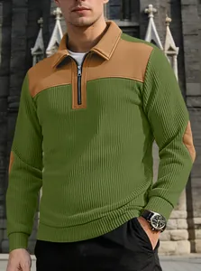 Detail of men's olive green and brown color-block half-zip sweatshirt with ribbed texture