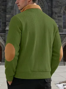 Back view of men's olive green ribbed half-zip sweatshirt with elbow patches
