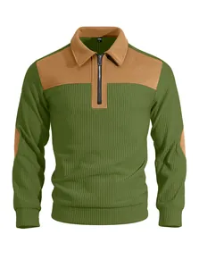 Detailed view of men's ribbed quarter-zip sweatshirt with green and brown color block design