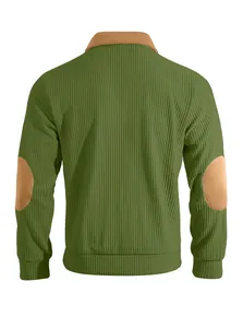 Detailed back view of olive green men's half-zip fleece sweatshirt with brown elbow patches