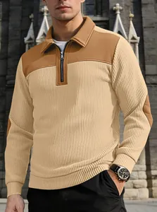 Men's stylish two-tone ribbed half-zip sweatshirt featuring a classic polo collar