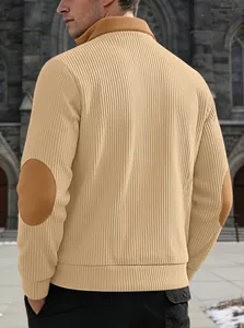Back view detail of men's ribbed knit fleece sweatshirt with elbow patches