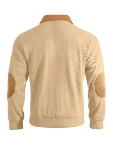 Back view of men's tan corduroy half-zip sweatshirt featuring stylish brown elbow patches