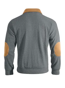Back view of men's gray ribbed half-zip sweatshirt with contrast brown elbow patches