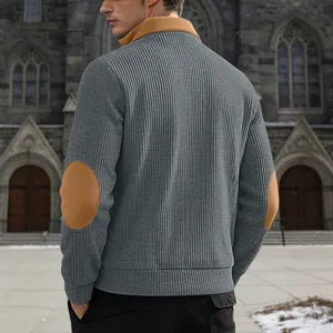 Men's stylish stand-collar half-zip ribbed fleece sweatshirt with contrast elbow patches