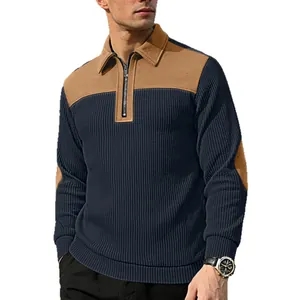 Men's stylish navy blue ribbed half-zip sweatshirt featuring brown fleece shoulder patches